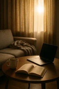 Gezellige woonkamer met halfdichte gordijnen waar zonlicht doorheen schijnt, op de tafel een halfvolle koffiemok, opengeslagen boek en een laptop naast een bank met plaid