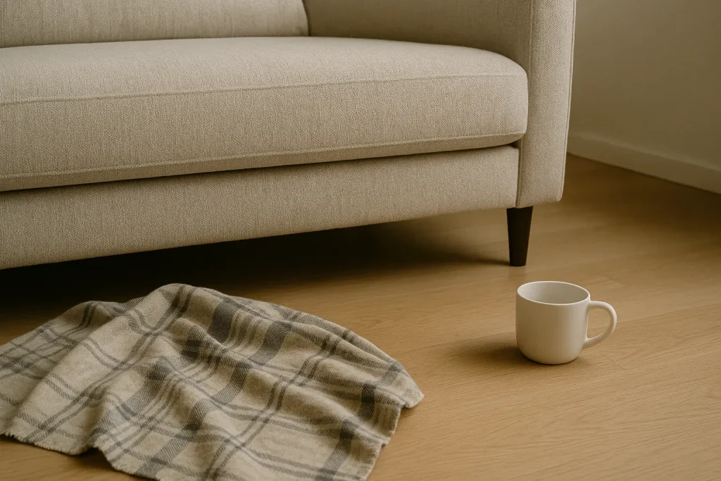 Lege koffiekop en plaid naast beige bank, symbool voor vermoeidheid op een vrije dag.
